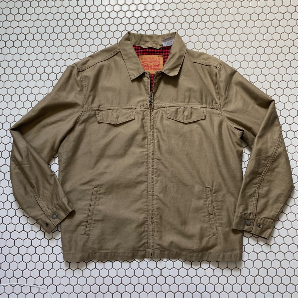 Levis Good Harrington Trucker Jacket Kahki Red Flannel Lined Mens Large